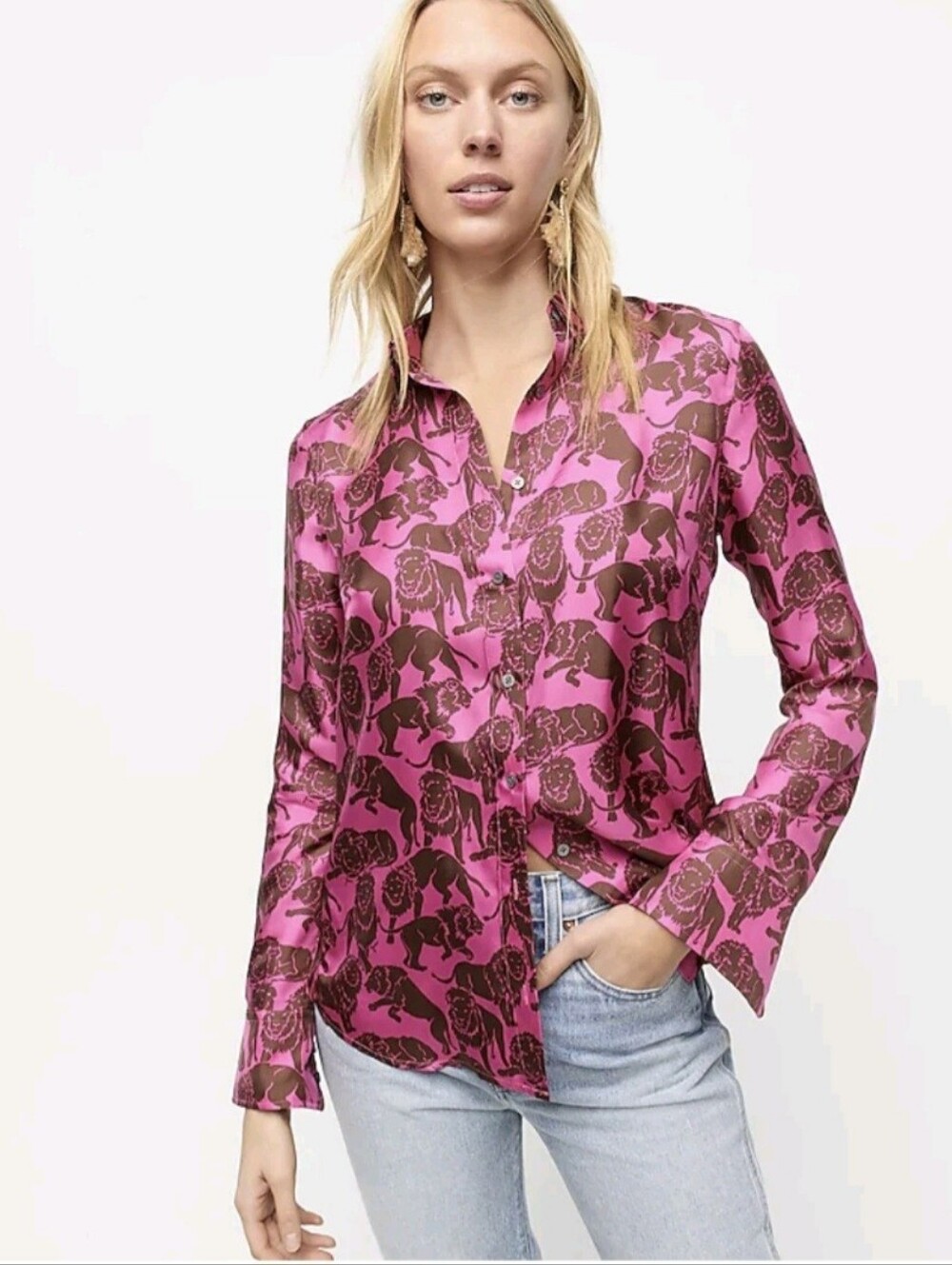 J. Crew Collection Silk Sleepy Lions Fuschia Brown Button Blouse 6